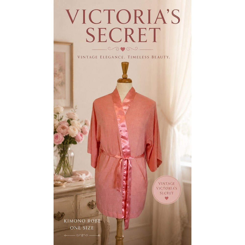 Vintage Victoria's Secret Pink Satin Trim Short Kimono Robe  One Size 80s / 90s